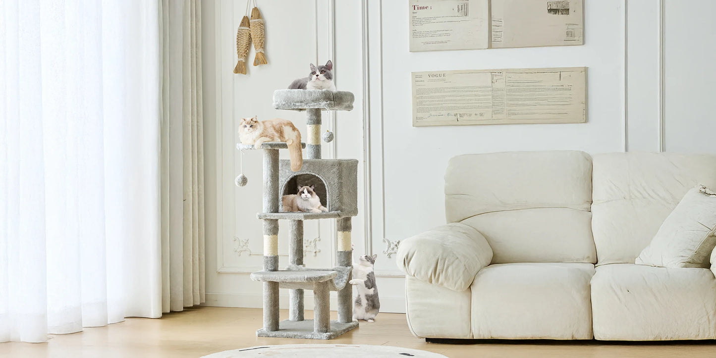 JHK 44-inch Tall Multi-Cat Climbing Tower Cat Tree Pet Furniture with Natural Sisal Scratching Posts Stable Pet House for Indoor Cats