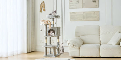 JHK 44-inch Tall Multi-Cat Climbing Tower Cat Tree Pet Furniture with Natural Sisal Scratching Posts Stable Pet House for Indoor Cats