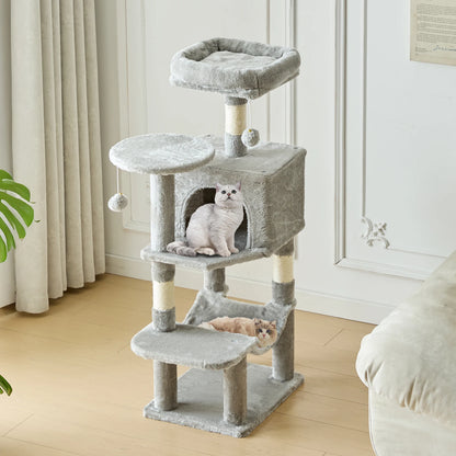 JHK 44-inch Tall Multi-Cat Climbing Tower Cat Tree Pet Furniture with Natural Sisal Scratching Posts Stable Pet House for Indoor Cats