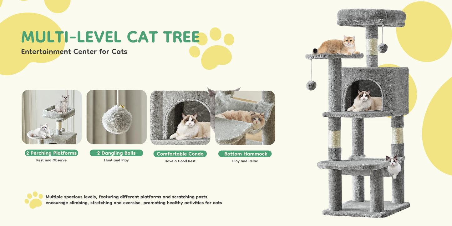 JHK 44-inch Tall Multi-Cat Climbing Tower Cat Tree Pet Furniture with Natural Sisal Scratching Posts Stable Pet House for Indoor Cats