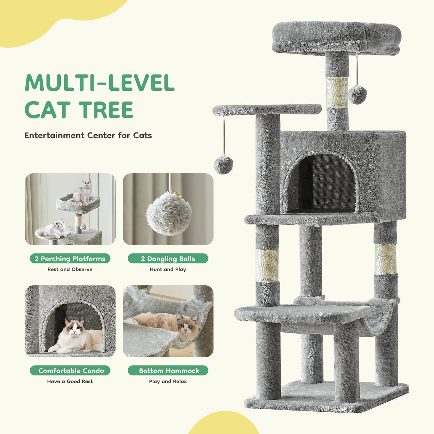 JHK 44-inch Tall Multi-Cat Climbing Tower Cat Tree Pet Furniture with Natural Sisal Scratching Posts Stable Pet House for Indoor Cats