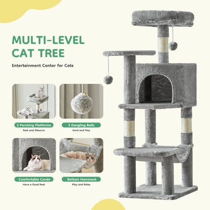 JHK 44-inch Tall Multi-Cat Climbing Tower Cat Tree Pet Furniture with Natural Sisal Scratching Posts Stable Pet House for Indoor Cats