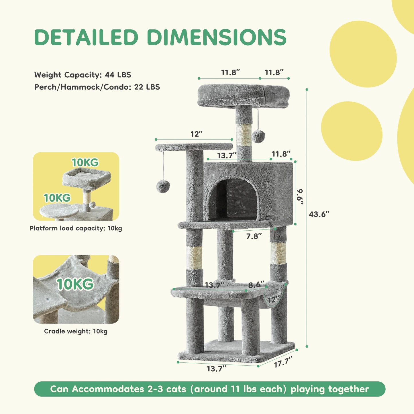 JHK 44-inch Tall Multi-Cat Climbing Tower Cat Tree Pet Furniture with Natural Sisal Scratching Posts Stable Pet House for Indoor Cats