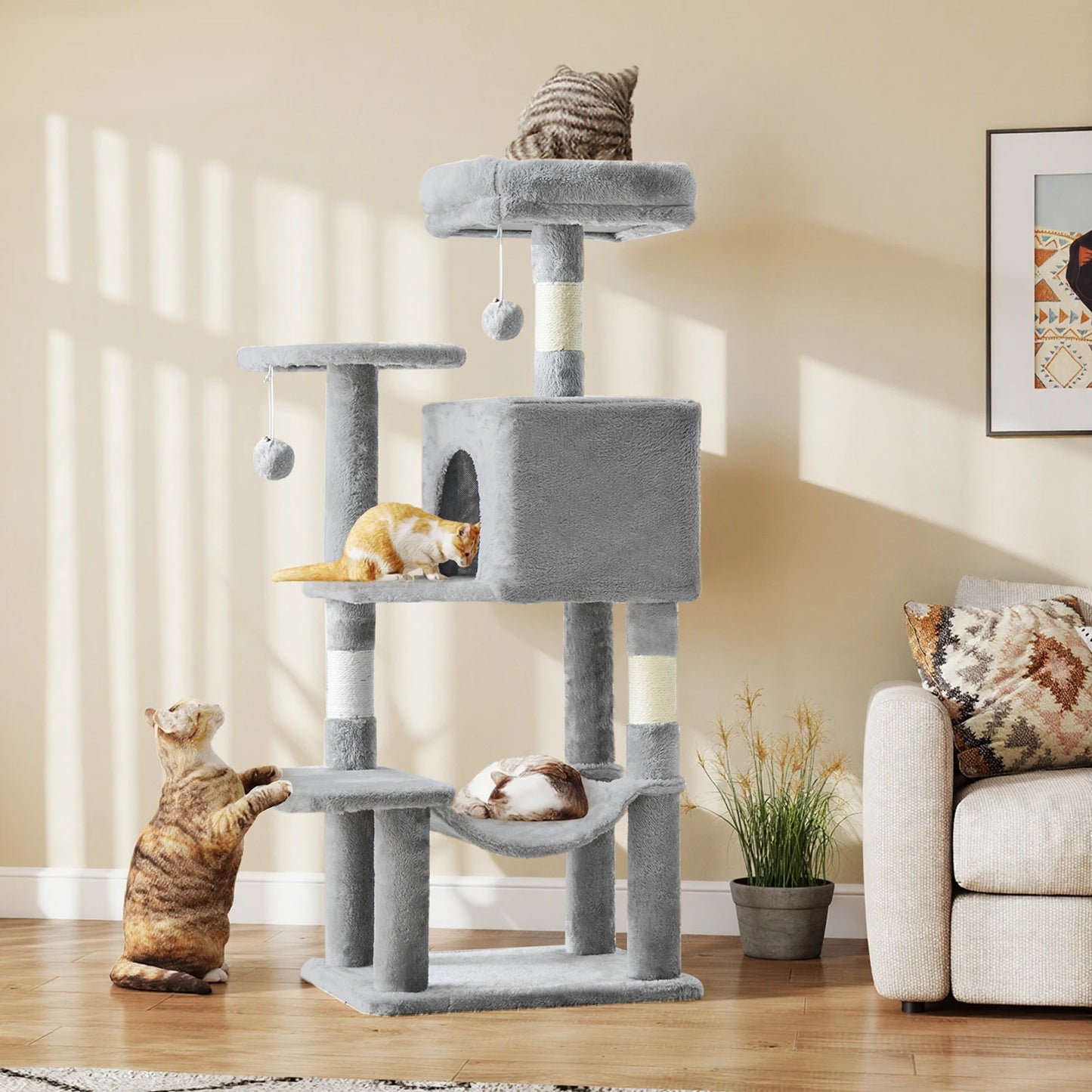 JHK 44-inch Tall Multi-Cat Climbing Tower Cat Tree Pet Furniture with Natural Sisal Scratching Posts Stable Pet House for Indoor Cats